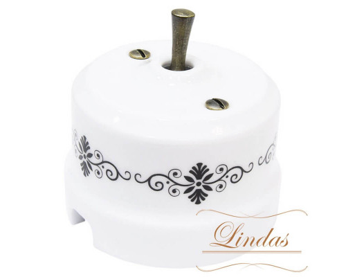 Ретро выключатель белый с черным узором, ручка бронза, 34520-B Lindas проходной