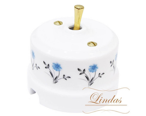 Ретро выключатель белый с узором васильки, ручка латунь, 34618-G Lindas перекрестный